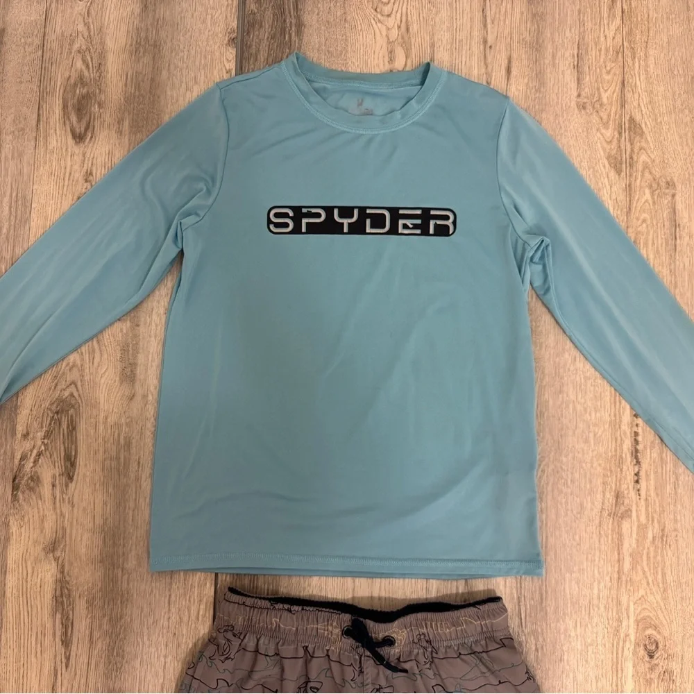 Spyder Blue Long Sleeve Swim Shirt and Shark Patterned  Bathing suit Shorts Set